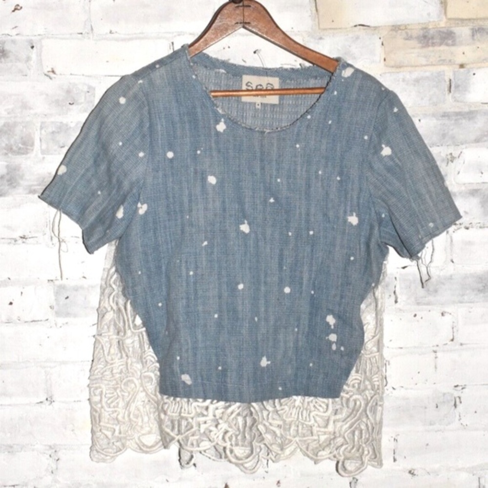 SEA New York Blue Knit Sheer Back Stunning Blouse Size 4